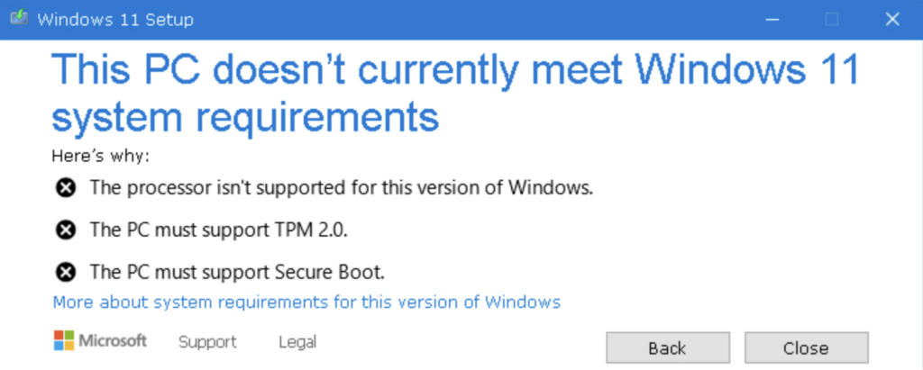 Mensaje de error mostrado por Microsoft al actualizar a Windows 11 un equipo no compatible