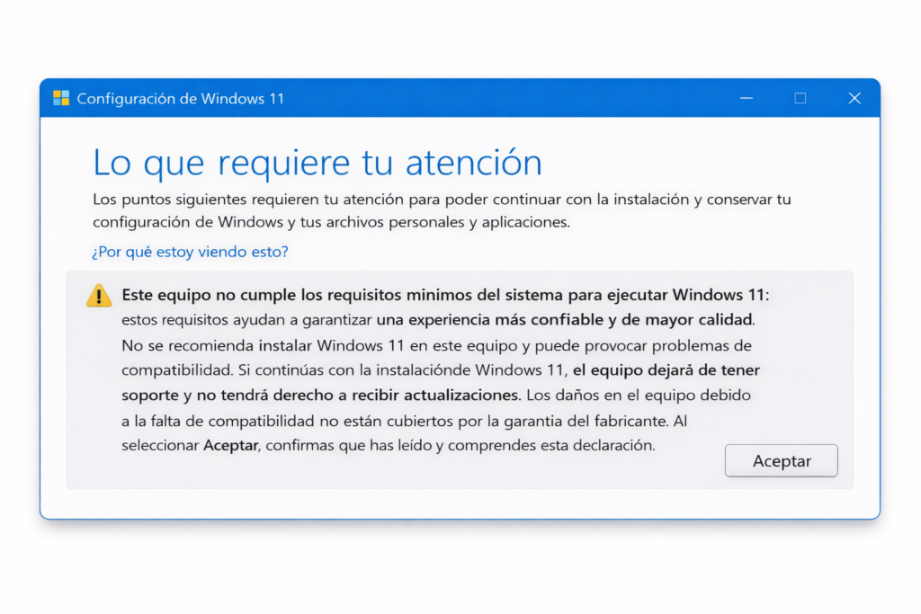 Aviso que muestra Windows cuando un equipo no cumple los requisitos mínimos para ser actualizado a Windows 11