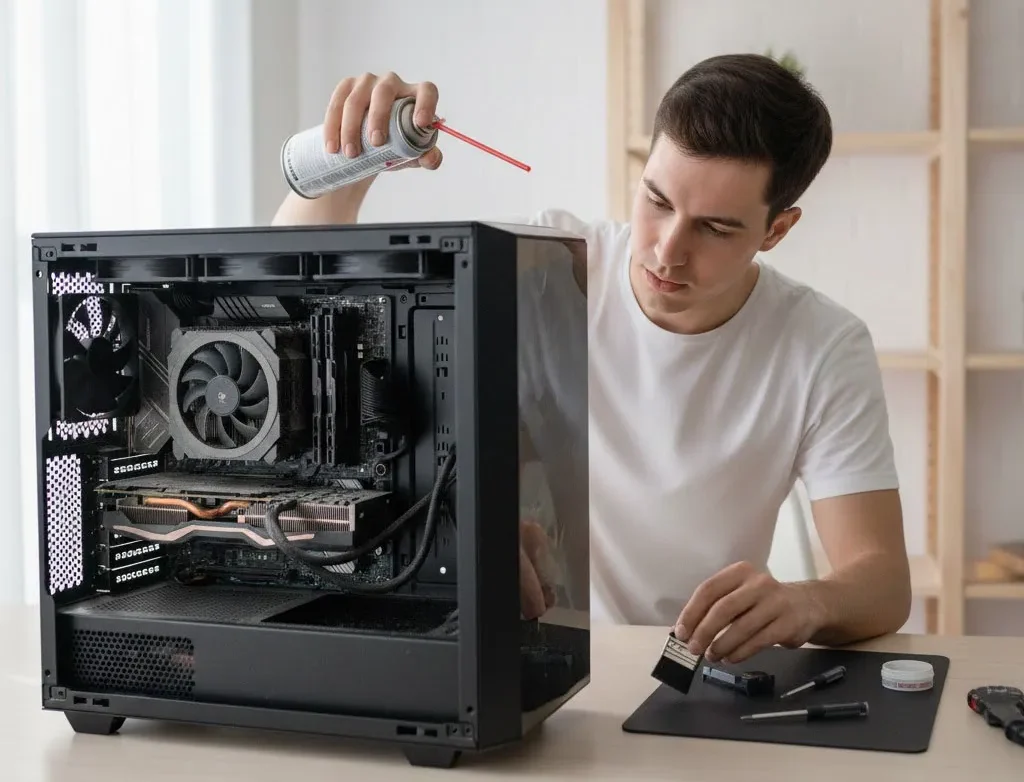 Técnico realizando limpieza interna de ordenador gaming de sobremesa en Boadilla del Monte