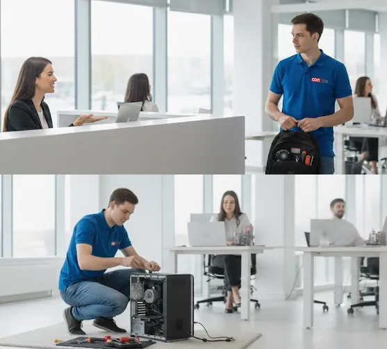 Técnico realizando reparación de ordenador a domicilio en oficina de Boadilla del Monte