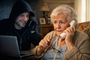 Scammer llamando por teléfono a una persona mayor intentando una estafa telefónica en Boadilla del Monte