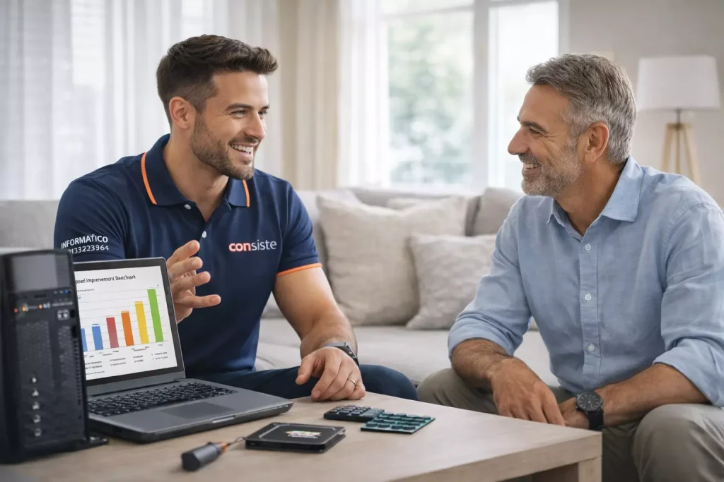 Técnico informático de Consiste explicando la mejora de rendimiento de un ordenador a un cliente en Boadilla del Monte