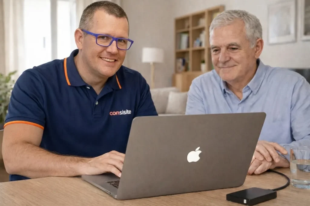 Técnico configurando copia de seguridad automática en ordenador portátil para cliente en Boadilla del Monte