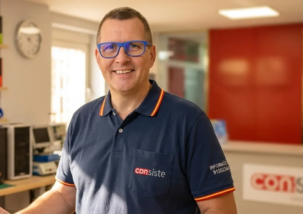 Técnico de Consiste Informática sonriendo en tienda en Boadilla del Monte transmitiendo confianza y cercanía