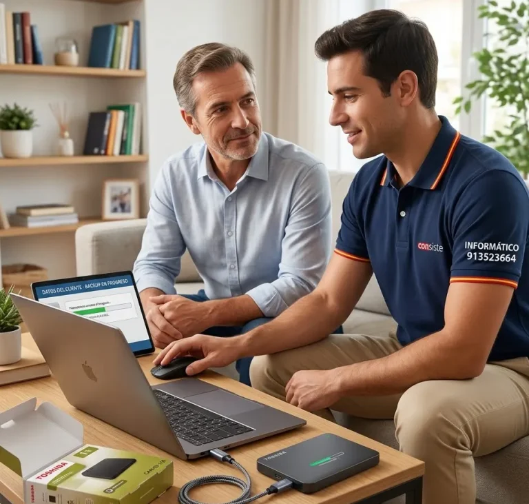 Técnico informático realizando copia de seguridad en portátil con disco duro externo en Boadilla del Monte