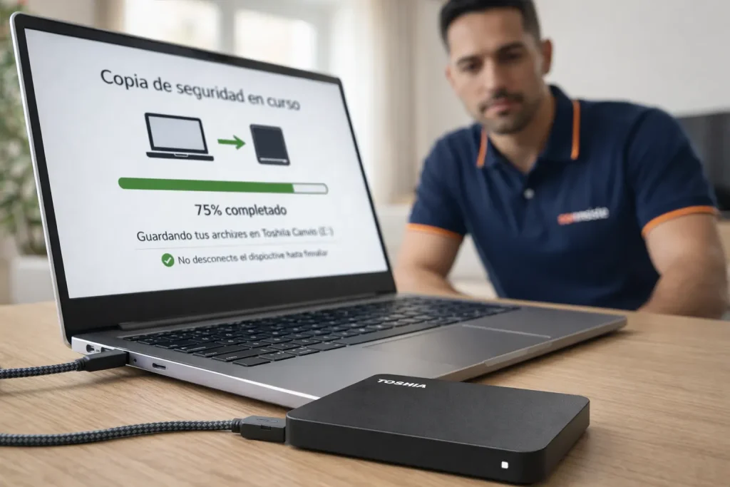 Disco duro externo conectado a portátil realizando copia de seguridad con técnico supervisando