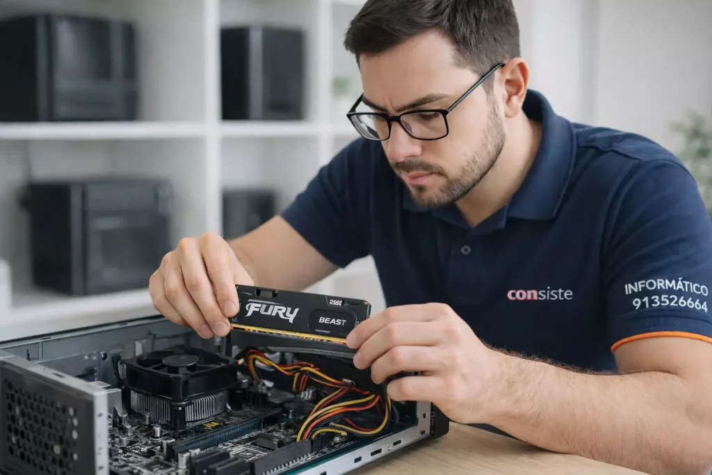 Técnico informático de Consiste instalando memoria RAM en un ordenador para mejorar su rendimiento en Boadilla del Monte