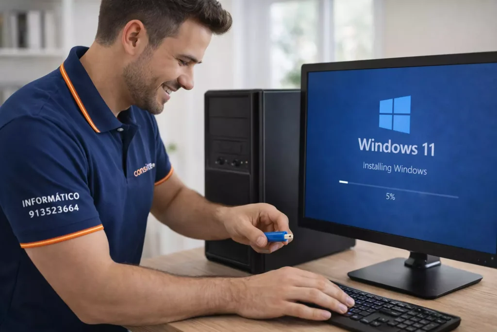 Técnico informático de Consiste instalando Windows 11 en un ordenador en Boadilla del Monte