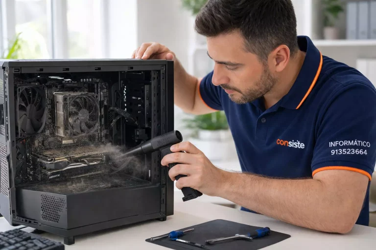 Técnico informático de Consiste limpiando el polvo del interior de un ordenador en Boadilla del Monte con compresor