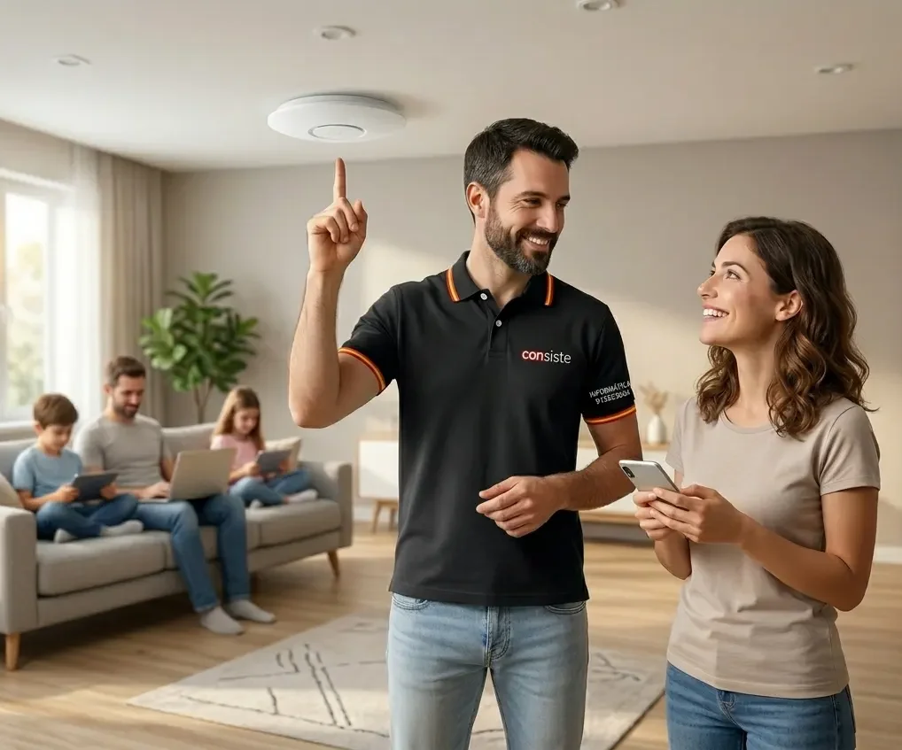 Técnico de Consiste Informática señalando un punto de acceso WiFi en el techo de un salón moderno en Boadilla del Monte, junto a clientes satisfechos.