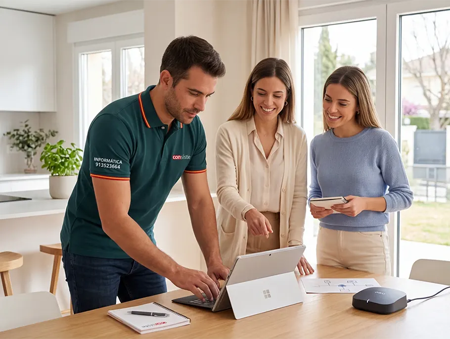 Técnico de Consiste Informática con polo corporativo y teléfono bordado, instalando un punto de acceso Wi-Fi y configurando red en un portátil para dos mujeres sonrientes en una vivienda moderna y luminosa de Boadilla del Monte, Madrid.