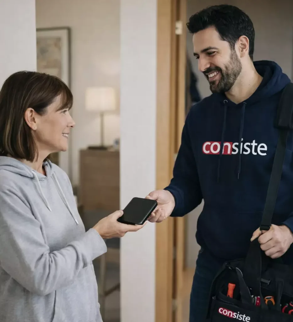 recuperación de datos en Boadilla del Monte técnico recogiendo disco duro externo de una clienta