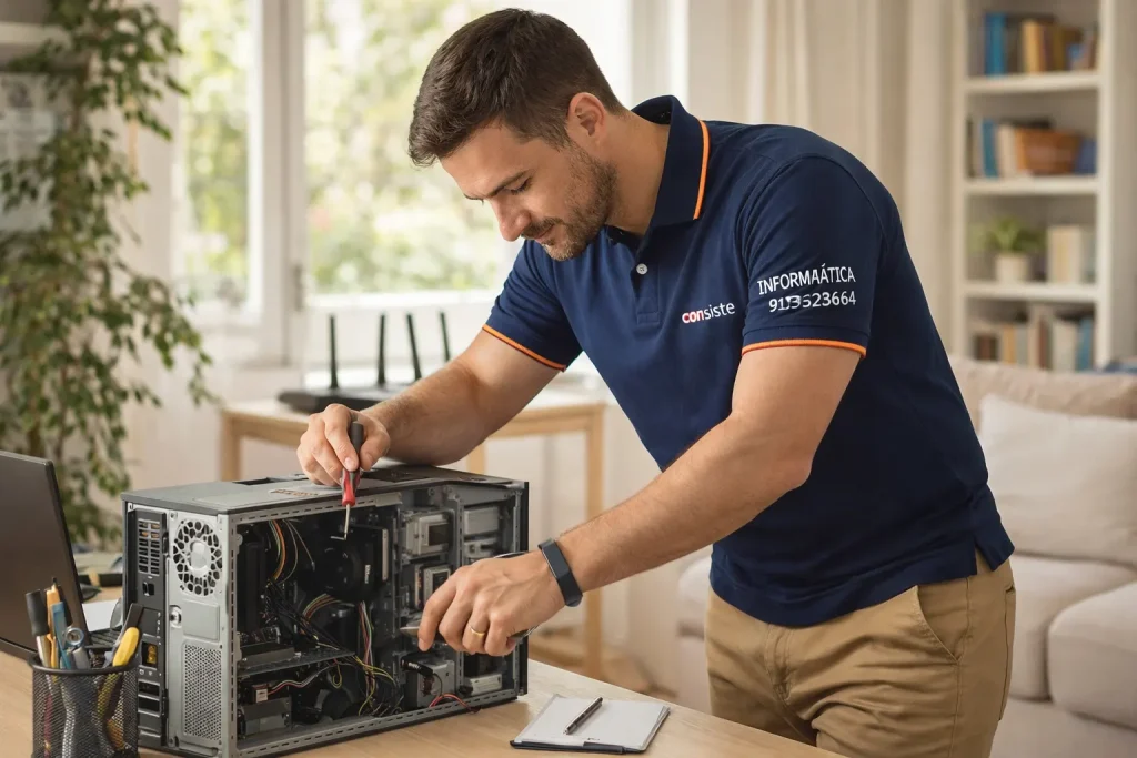 Técnico de Consiste Informática reparando un ordenador en Boadilla del Monte con polo azul corporativo