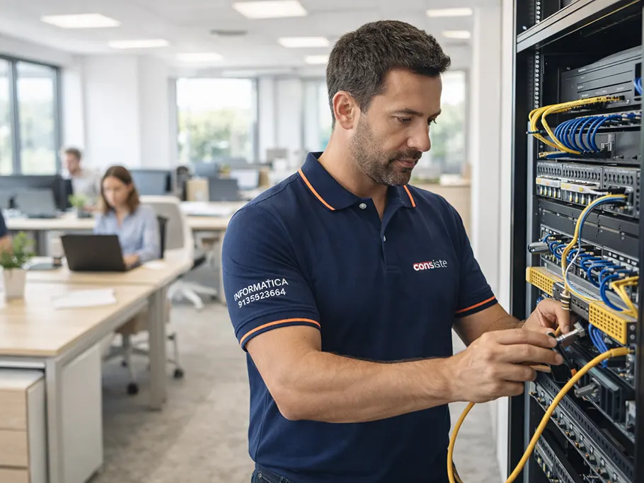 Técnico informático configurando un rack de red en una oficina moderna en Boadilla del Monte con empleados trabajando en ordenadores