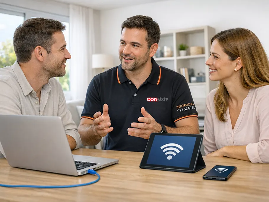 Técnico informático explicando diferencias entre conexión WiFi y cable Ethernet a una pareja en su casa