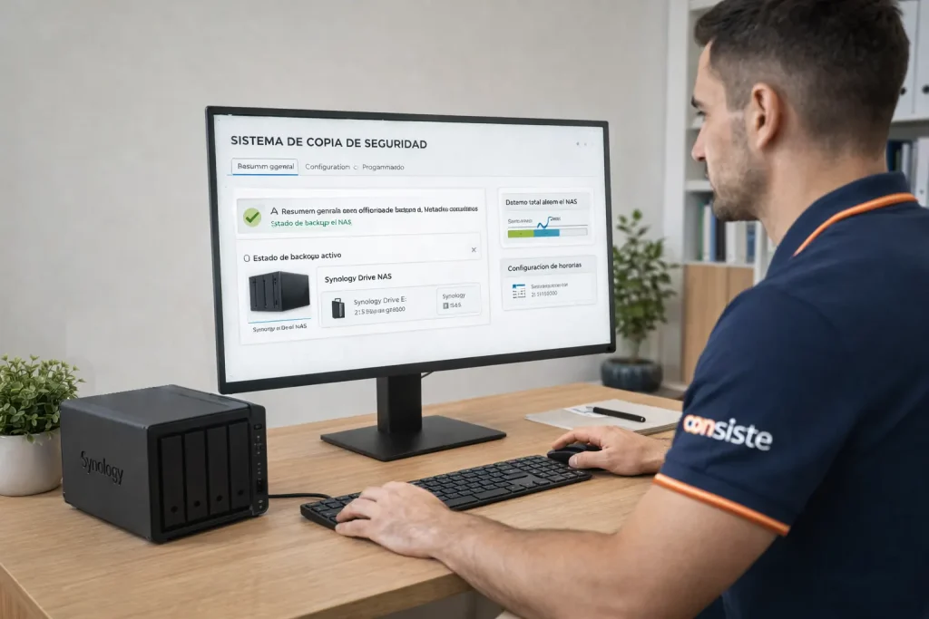Técnico informático configurando sistema de copia de seguridad con NAS y ordenador en oficina