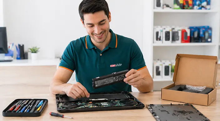 técnico instalando batería original en portátil en servicio técnico