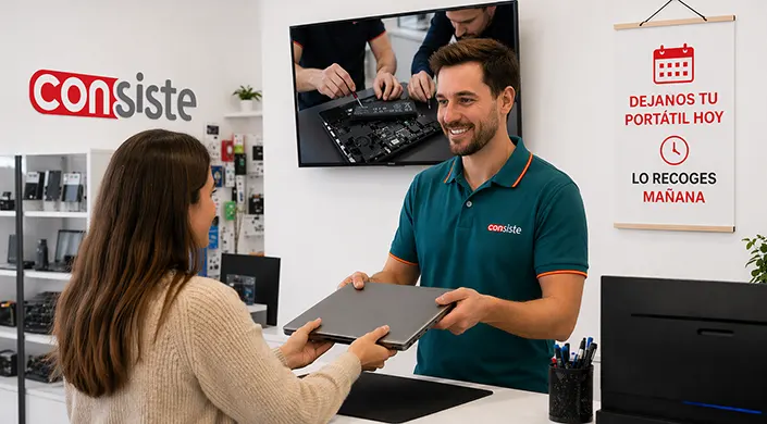 una chica deja el portatil en consiste para que le cambien la batería