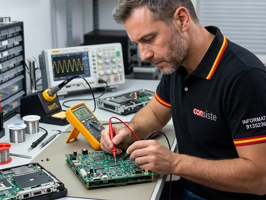 Técnico midiendo una placa base con multímetro en laboratorio electrónico en Boadilla del Monte