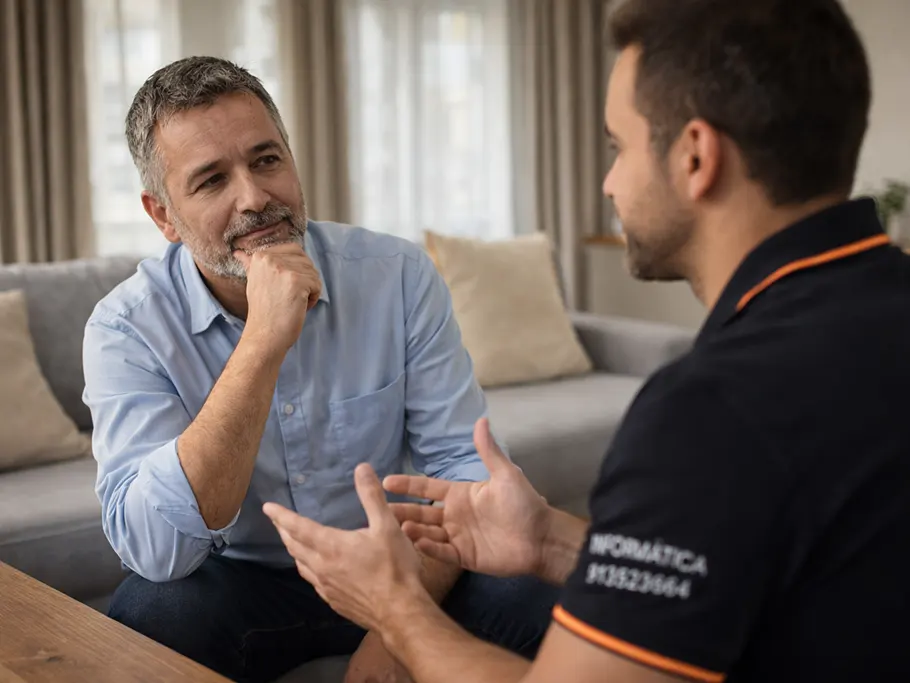 Técnico informático explicando problemas de sistema operativo a cliente en Boadilla del Monte