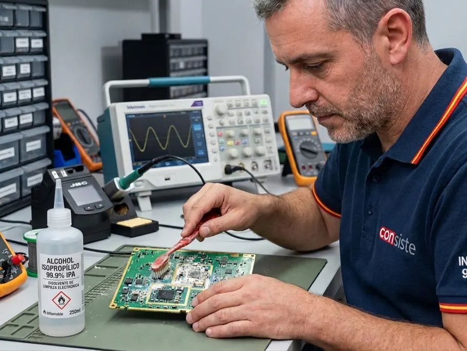 Técnico limpiando corrosión en placa base dañada por derrame de líquido en ordenador