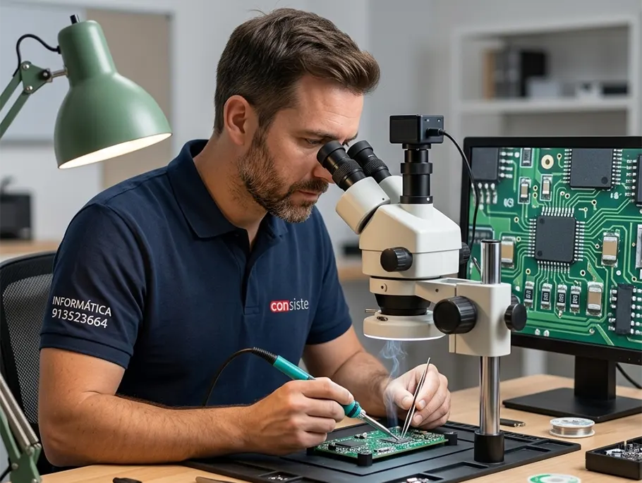 Técnico realizando microsoldadura en placa base con microscopio en laboratorio electrónico