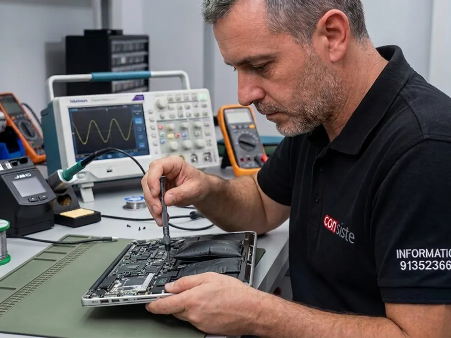 Técnico realizando microsoldadura en placa base de portátil en laboratorio electrónico
