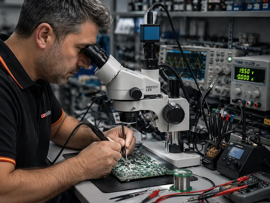 Técnico realizando microsoldadura en placa base con microscopio en Boadilla del Monte