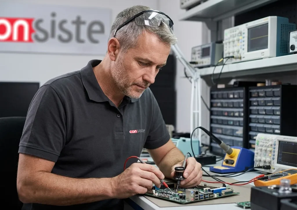 Técnico reparando placa base de ordenador en laboratorio electrónico en Boadilla del Monte
