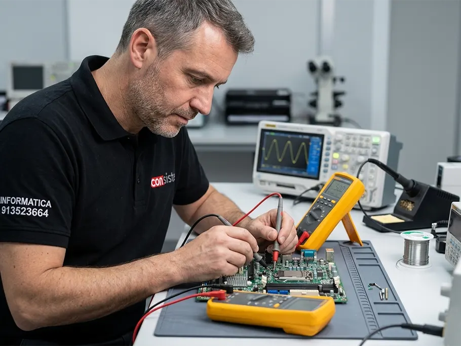 Técnico reparando tarjeta gráfica y placa base con multímetro en Boadilla del Monte