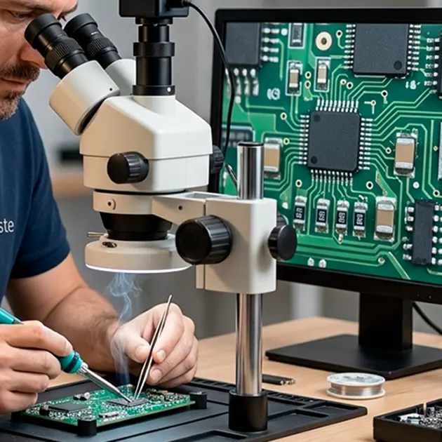 Un técnico repara con microsoldadura una placa base
