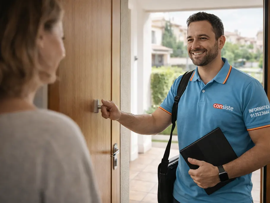 Técnico informático a domicilio en Boadilla del Monte llamando a la puerta de un cliente
