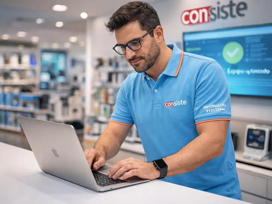 Técnico informático de Consiste trabajando en tienda en Boadilla del Monte con portátil ofreciendo servicio técnico en tienda y a domicilio