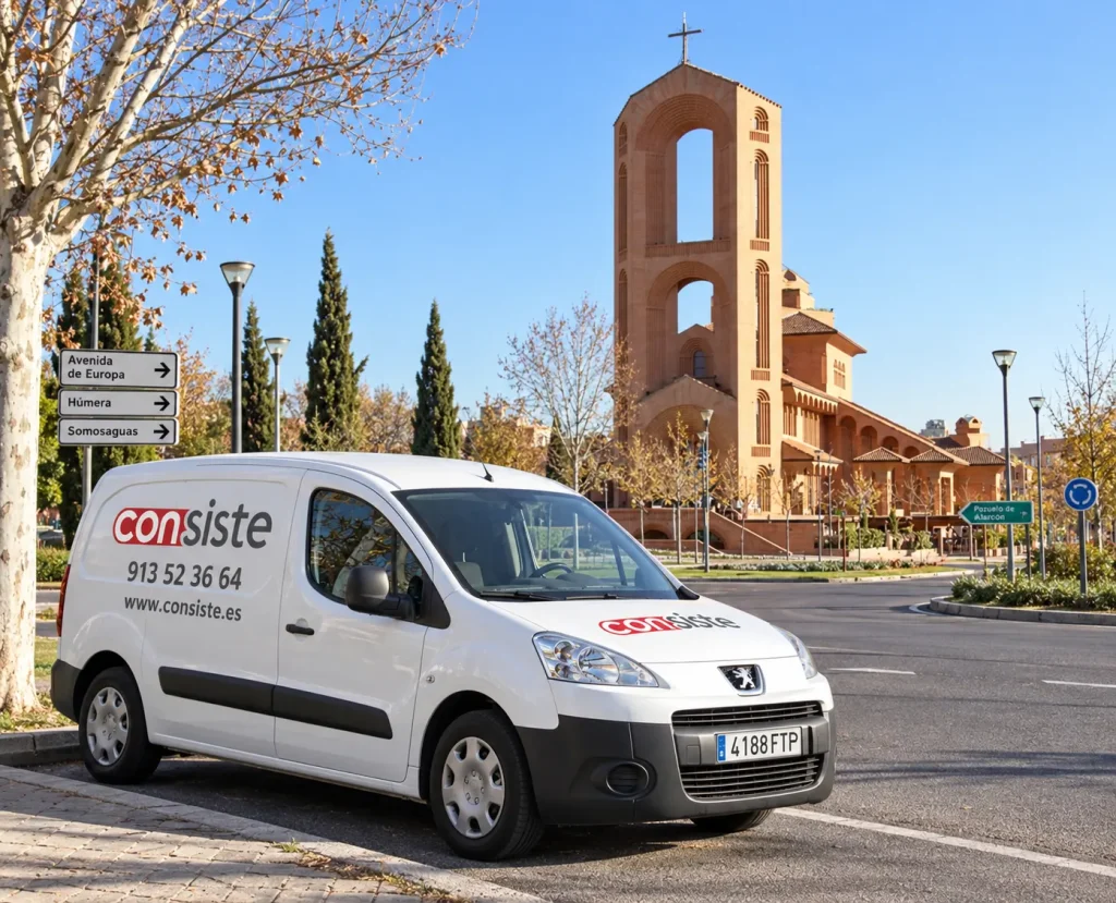 Furgoneta de Consiste Informática junto a la Iglesia de Santa María de Caná en Pozuelo de Alarcón