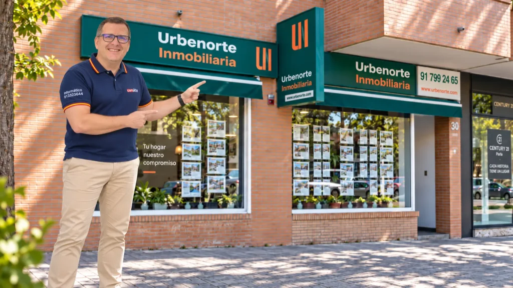 Jaime Pereira, fundador de Consiste Informática, señalando el local de Avenida de Europa 30, Pozuelo de Alarcón